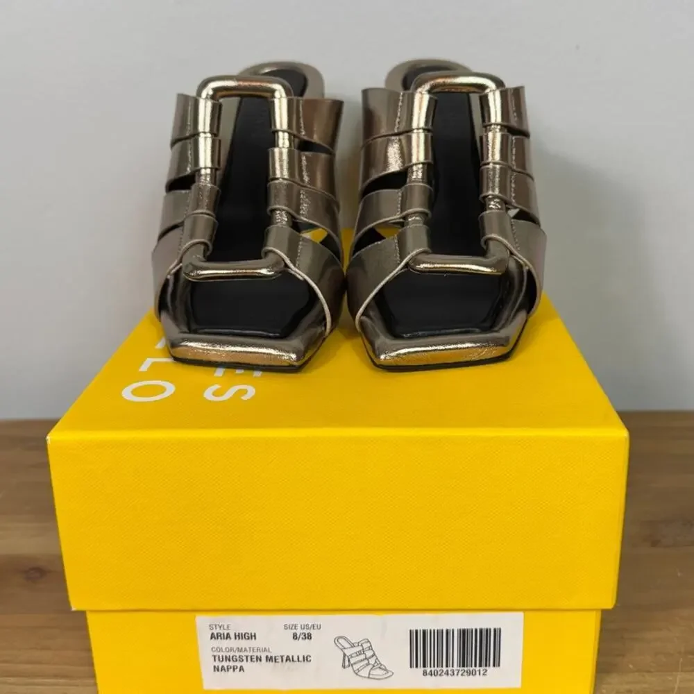 Mercedes Castillo Aria High-Heel Slide Sandals, Tungsten Metallic Leather Size 8